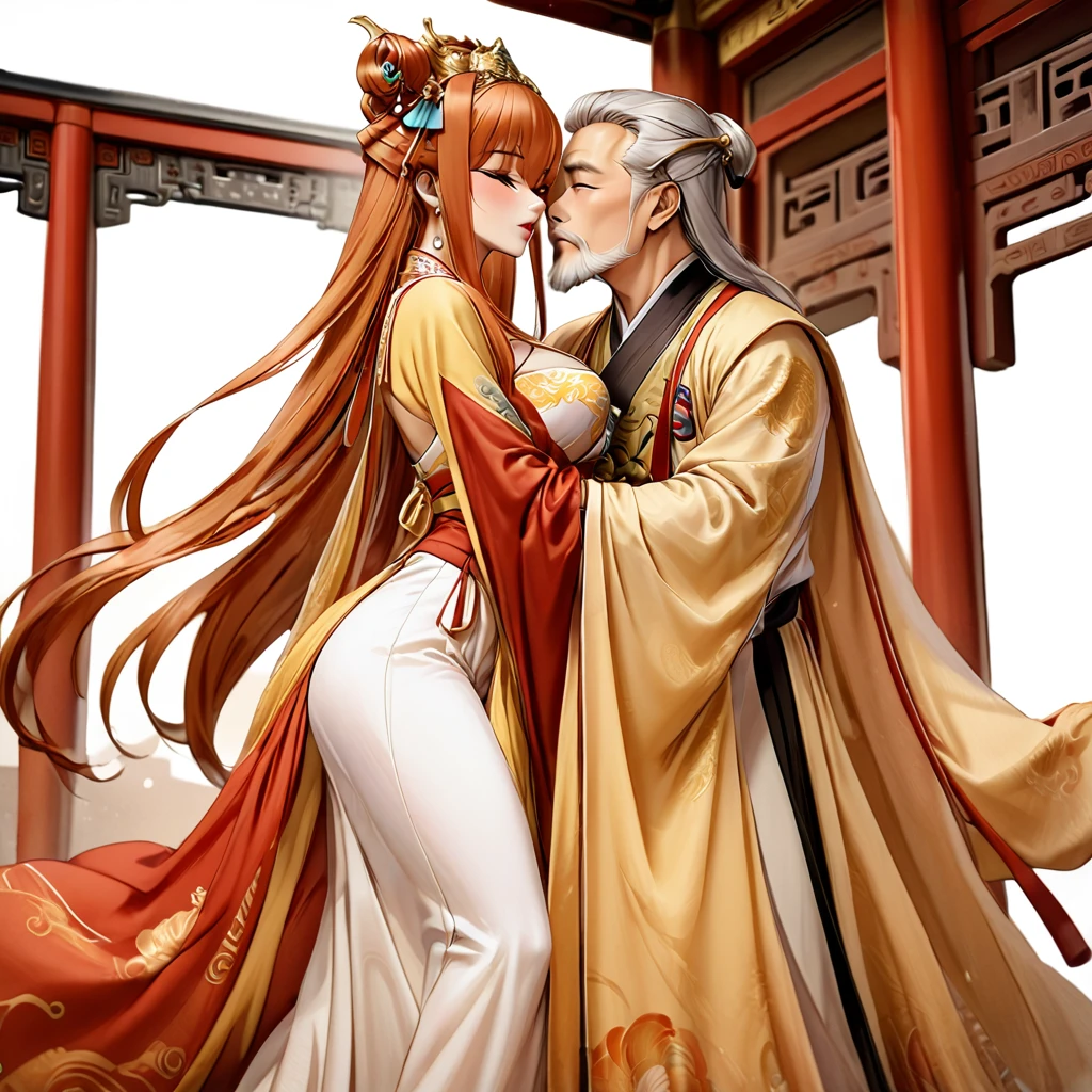 ((Highest quality)), ((masterpiece)), (detailed), （Perfect Face）、The woman is Maya Cordelia, an Empress of ancient China, with orange, semi-long hair. She is wearing a luxurious Hanfu costume fit for an ancient Chinese Empress, her hair styled in an ancient Chinese fashion and adorned with elaborate hair ornaments.、In the ancient Chinese palace, a woman is embracing and kissing the ancient Chinese emperor、The man is a dignified, bearded old man, an ancient Chinese emperor