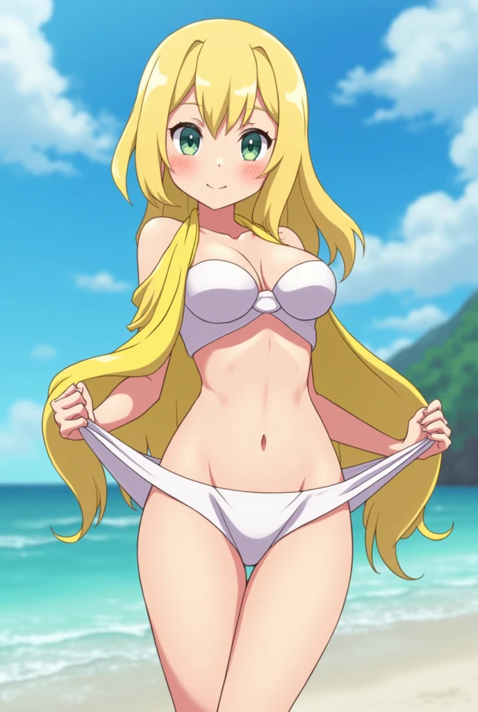 Lillie from Pokémon Sun and Moon completely naked without any underwear and opening her legs 