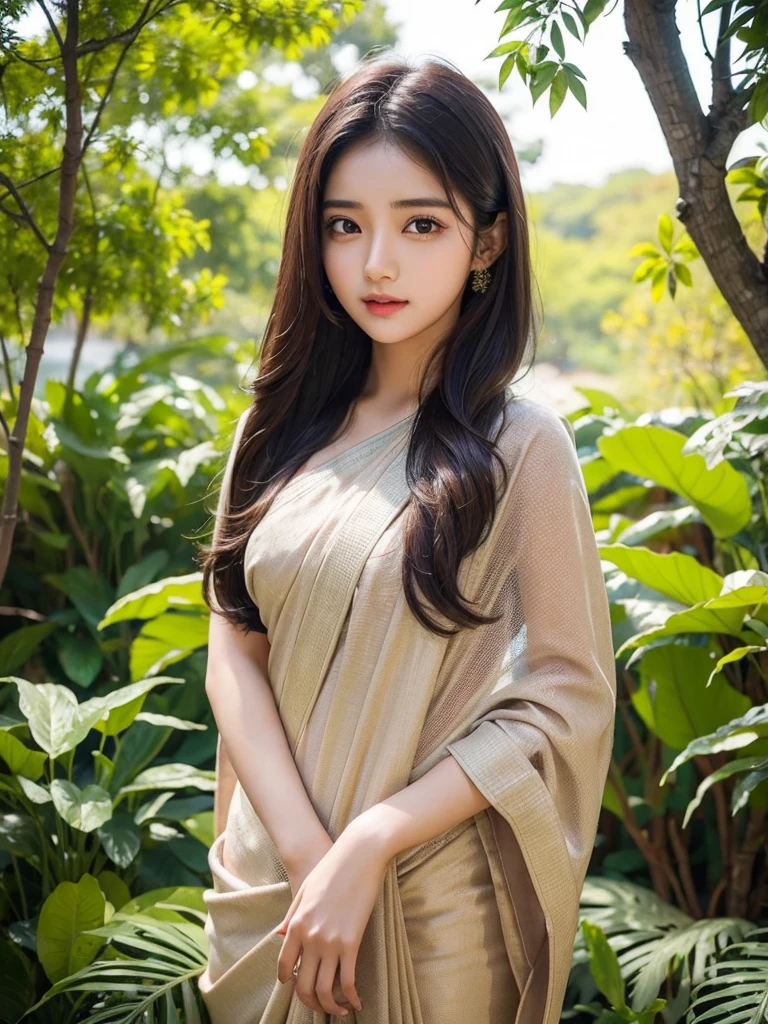 Pretty face, saree korean girl, 18 year old, background tree,