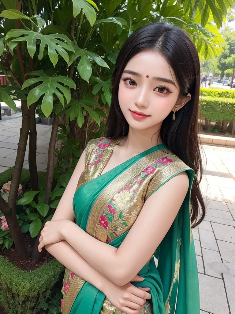 Pretty face, saree korean girl, 18 year old,  background tree, 