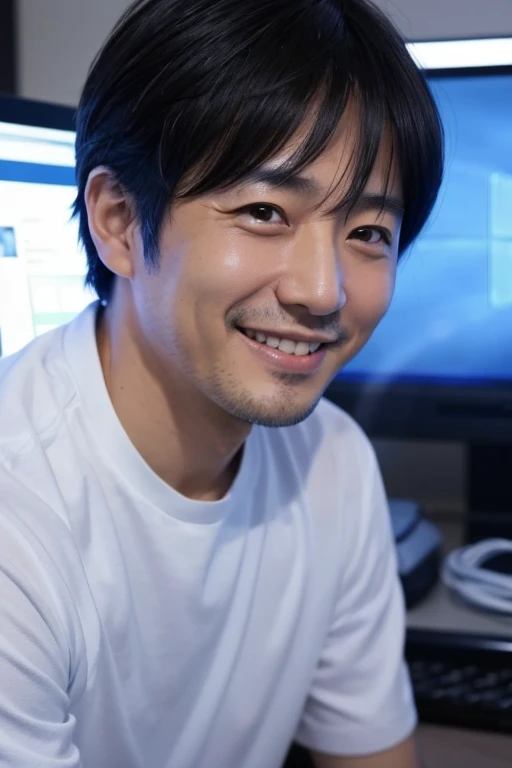 Here is the image of a middle-aged Japanese man with short black hair, wearing a white shirt, smiling warmly while looking directly at the camera in front of a computer. The background is a simple, solid blue, with the lighting highlighting the details of his face.