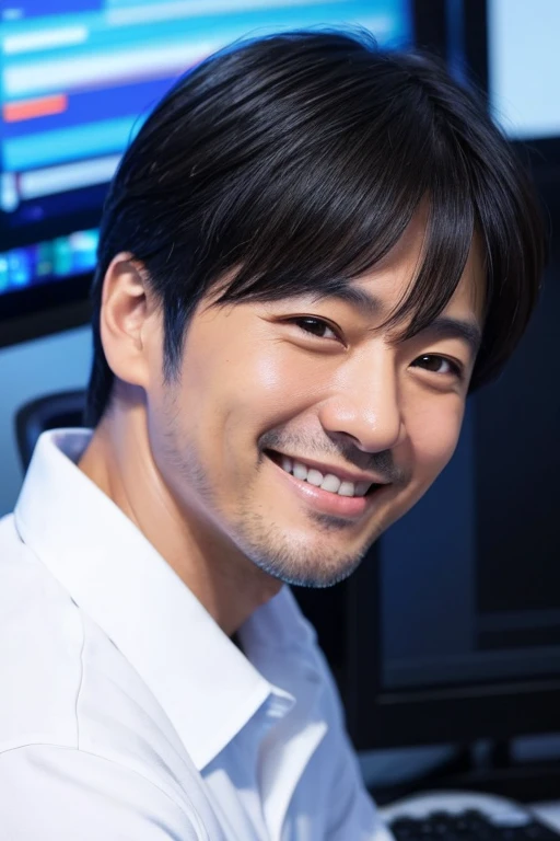 Here is the image of a middle-aged Japanese man with short black hair, wearing a white shirt, smiling warmly while looking directly at the camera in front of a computer. The background is a simple, solid blue, with the lighting highlighting the details of his face.