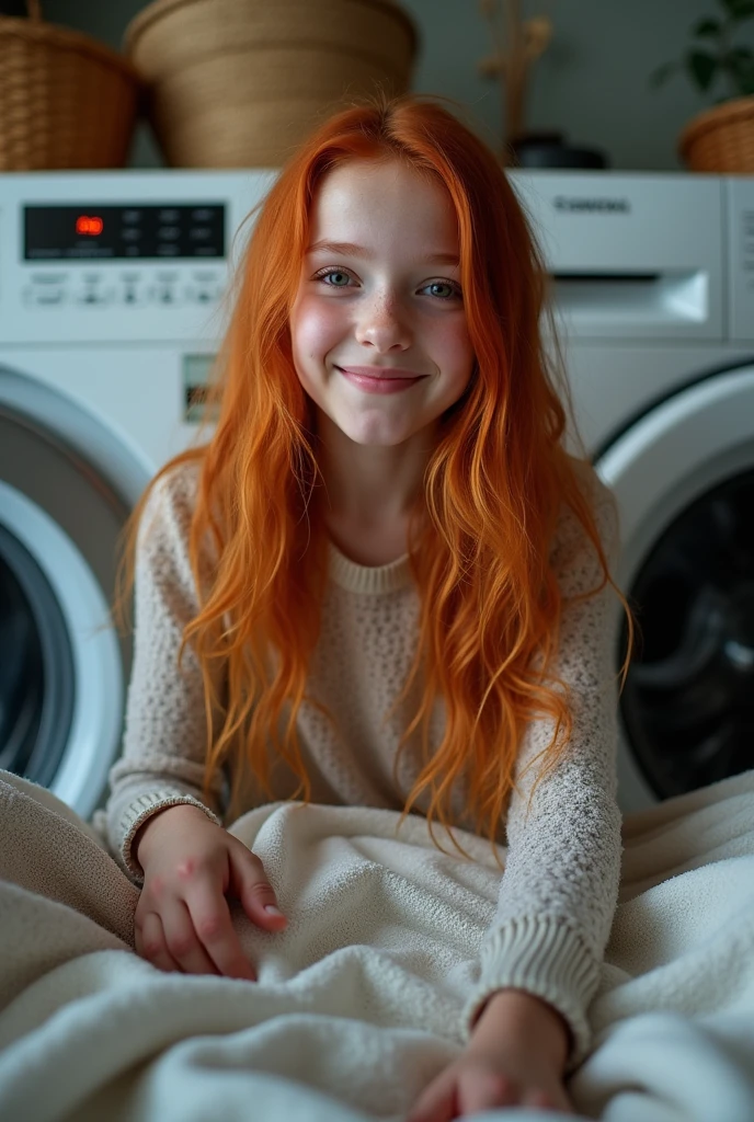 a very hübsche  girl red long hair smiling and is doing laundry and pees all over her dirty laundry clothes in front of the washing machine. Masterpice, Proffesional Photogphy, Detailed Face, Perfect Hands, Pee, Urine, Pinkeln, Watersports, Laundery Dirty. Epicealism, (peeing:1.5), Hyperrealism, style, Portrait, Canon, Backlight, UHD 8K Detailed, Perfect Face, Perfect Eyes, pee stream, urine, Peeing
