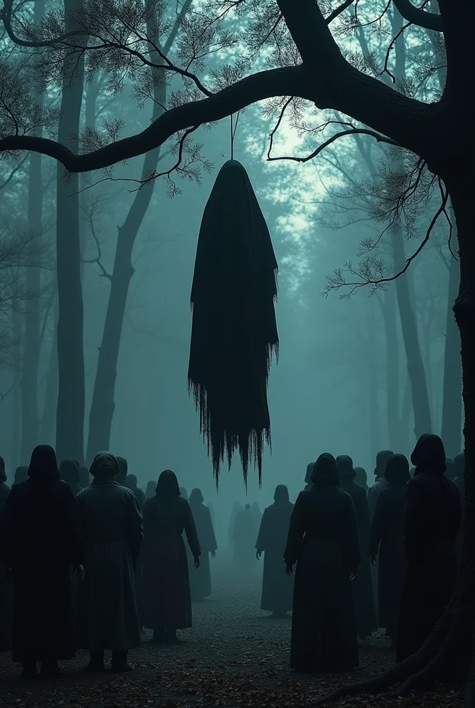 Hanging man in front people