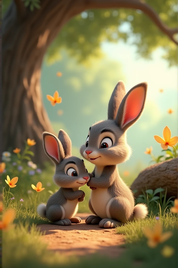 In 3d animation style,"A young, mischievous rabbit sitting beside its gentle, loving mother rabbit outside their burrow, under a shady tree. The mother looks concerned as she warns her child"