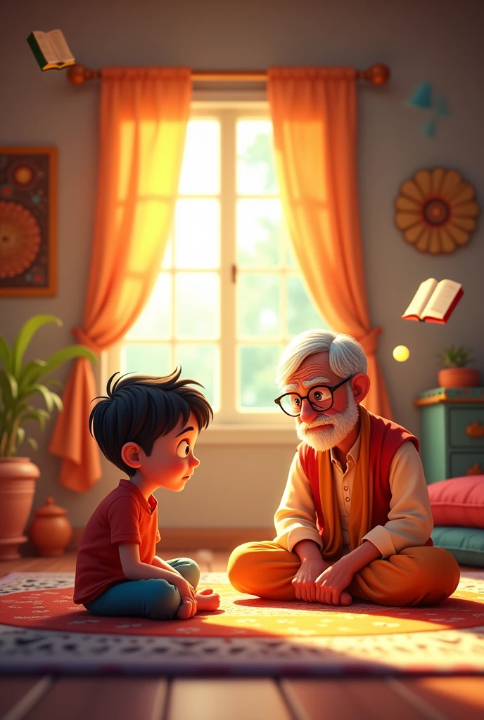 In dynamic 3d cartoon style " ghar me ek pareshan ladka charpai pr paith kr apne dada se baat krta hua ldka "