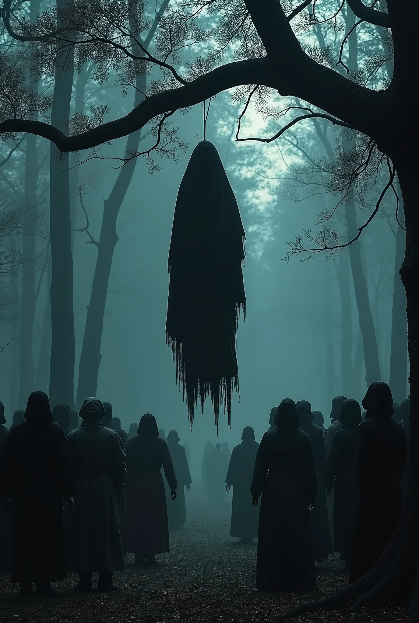 Hanging man in front people