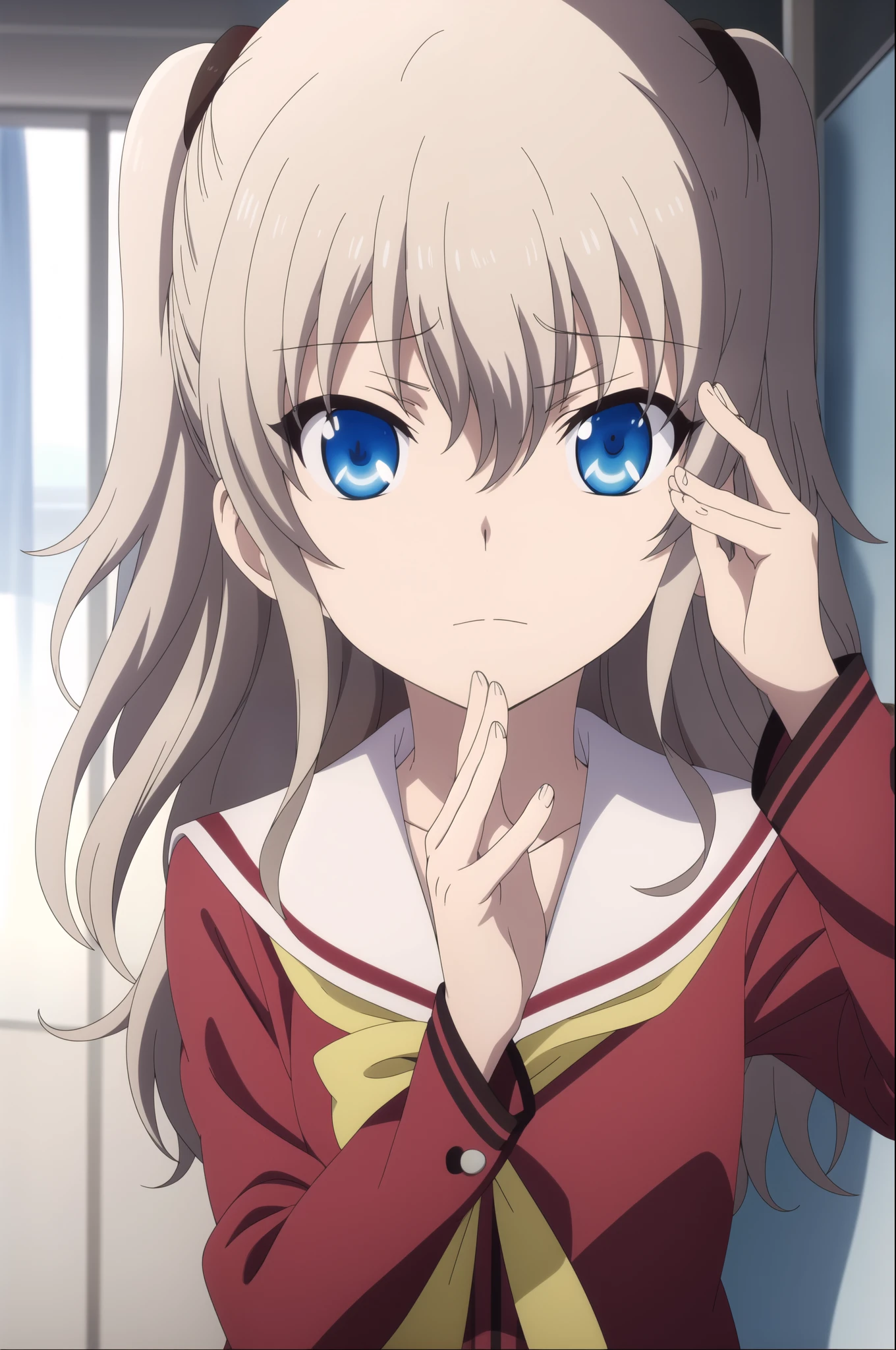 1girl, solo, best quality, masterpiece,   nao tomori,cover face with palm of hand, serafuku, sailor collar, hair between eyes, anime style, anime color, 2D