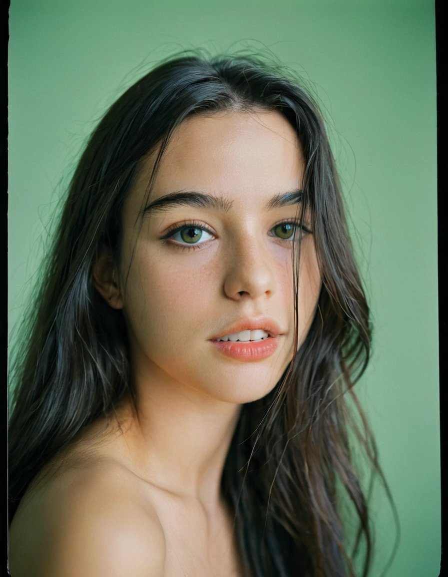 photoshoot, photo studio, RAW photo, editorial photograph, film stock photograph, cinematic, posing, amateur photo, face portrait, analog, raw, f2, 35mm, an (amateur photo), flash photography, taken on an old camera, polaroid, 8k, highly detailed, (high quality, best quality:1.3), Extremely high-resolution, film grain, very long hair, picture of a beautiful young woman, NOT dasha_taran, Nina Fortiner, sfw, ((natural black hair)), long (waist-length:1.2) combed black hair, ((macro lens)), natural, green hazel eyes, eyes have a little bit of brown, (realistic perfect human eyes), serious expression, ultradetailed realistic eyes, feminine expressions, photography, dslr, 35mm, Fujifilm Superia Premium 400, Nikon D850 film stock photograph, Kodak Portra 400 f1.6 lens, 8k, UHD, european woman, a bit latin american facial features, realistic skin, skin pores, (whole head, do not crop head), whole head is visible, detailed background, midwest facial features, from side, expresionless, perfect teeth, face a bit elongated, mouth closed