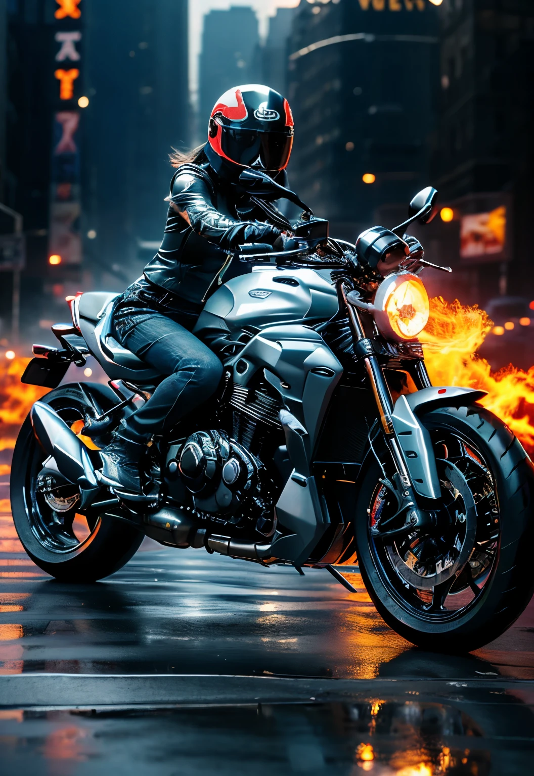 Woman 25 years old, style ghost photographer, supernatural anti-hero character in comics published by Marvel Comics, 出现one个燃烧的骷髅头, The motorcycle she's riding is also on fire, Tight leather jacket, whole body, (Burning Motorcycle: 1.5) , ((best quality)), ((Selected: 1.4)) Super Resolution, Movie Lighting, (New York: 1.3), Surreal, . ....Raw, (realism: 1.5), (realism: 1.4), (absurd: 1.4), 8K, ultra-detailed, detailed, (one: 1.4), (Viewer: 1.3), HD4