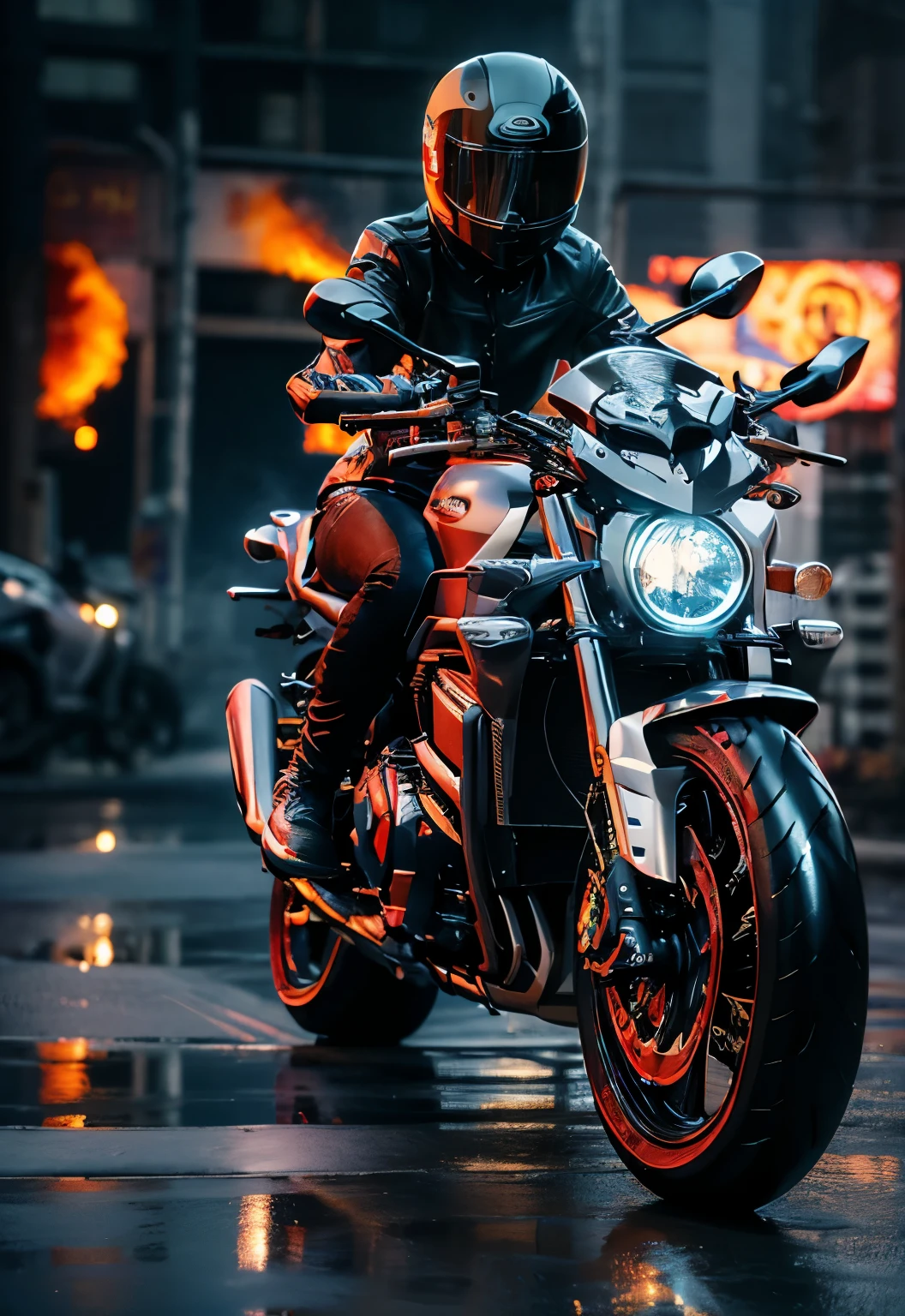 Woman 25 years old, style ghost photographer, supernatural anti-hero character in comics published by Marvel Comics, 出现one个燃烧的骷髅头, The motorcycle she's riding is also on fire, Tight leather jacket, whole body, (Burning Motorcycle: 1.5) , ((best quality)), ((Selected: 1.4)) Super Resolution, Movie Lighting, (New York: 1.3), Surreal, . ....Raw, (realism: 1.5), (realism: 1.4), (absurd: 1.4), 8K, ultra-detailed, detailed, (one: 1.4), (Viewer: 1.3), HD4