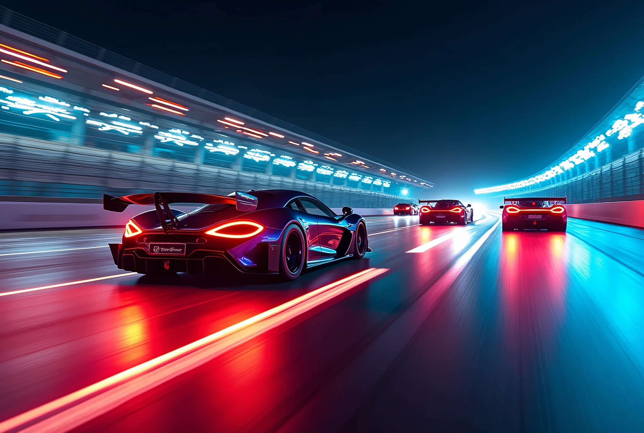 Nighttime Photography of hypercars, including the iconic Speedtails, racing under a canopy of bright lights on a track. The cars, with their sleek and aerodynamic shapes, blur past each other in a symphony of speed and power. The track is bathed in a vibrant mix of colored lights, creating a visually stunning and immersive experience. Shot with a long exposure, this image captures the trails of light left by the cars, emphasizing their dynamic movement and the excitement of the race. The composition utilizes leading lines to guide the viewer's eye through the frame. --s 1000