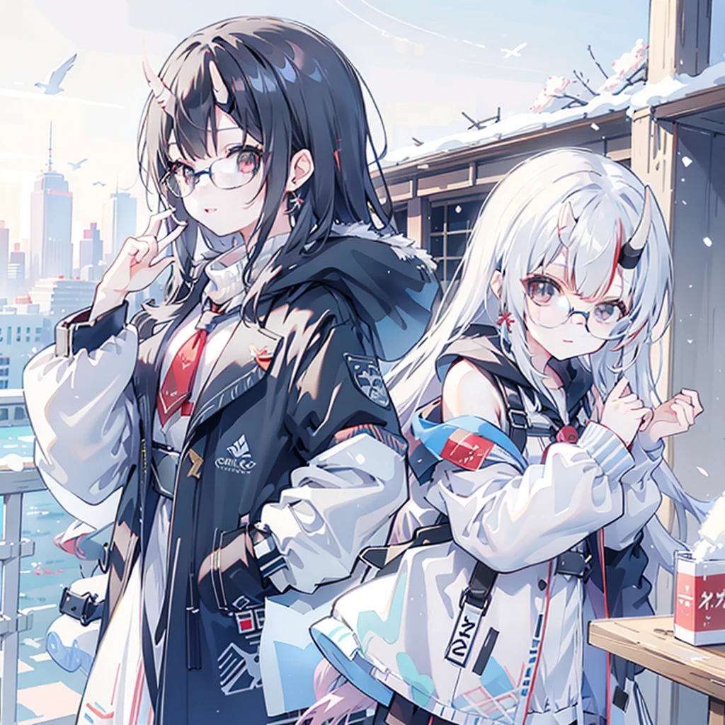 same,, 1 Girl, animal, animal on shoulder, bird, Black-rimmed glasses, black eyes, Black Hair, blue sky空, city View, clear sky空, coat, sky, earrings, Glasses stand, Took off the glasses, fur coat, jacket, Jewelry, Long hair, looking off to the side, outdoor, Power lines, Red lips, sky空, Smile, snow, Solitary, sunglasses, white bird, white coat, 冬sky, 冬sky clothes, , ((masterpiece))