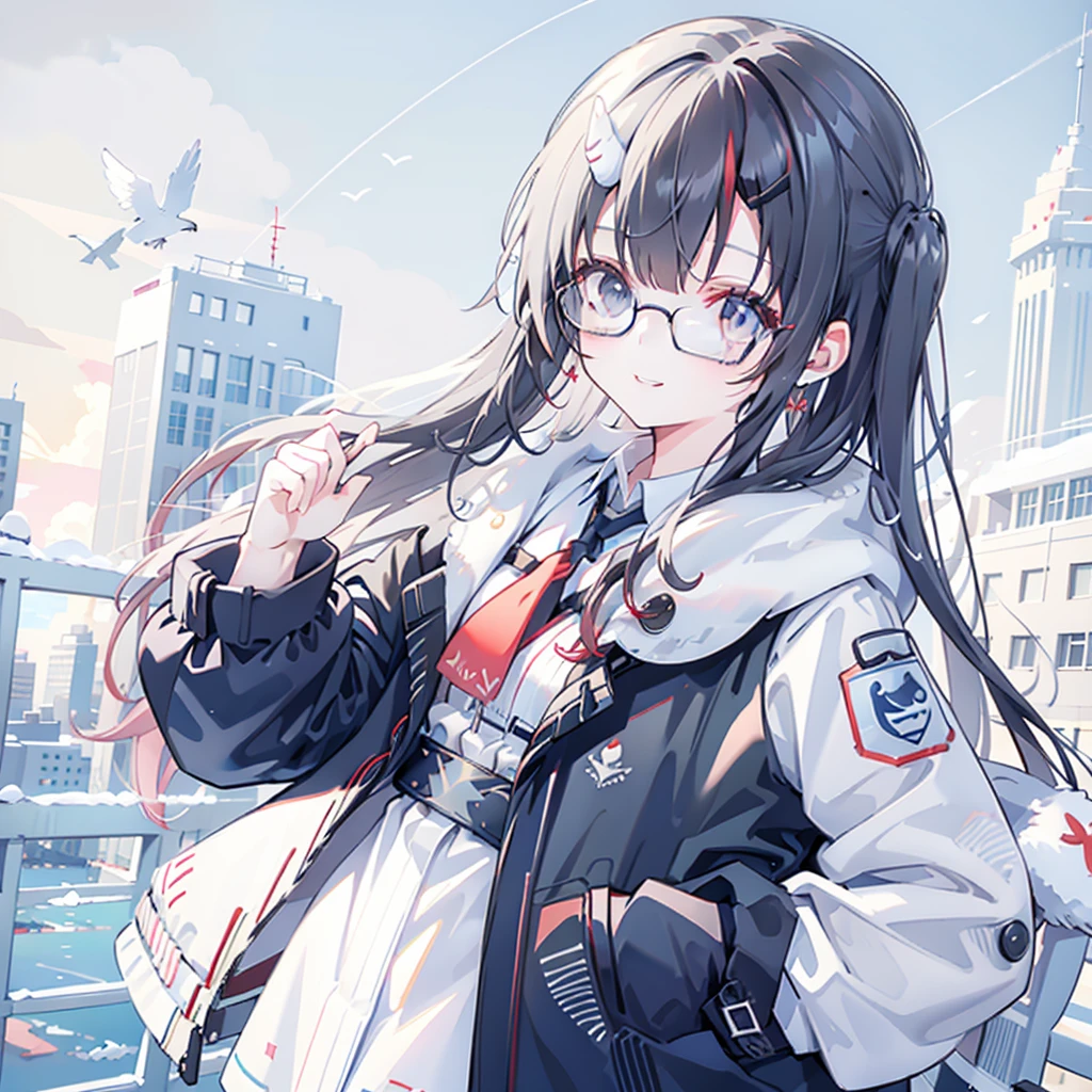 same,, 1 Girl, animal, animal on shoulder, bird, Black-rimmed glasses, black eyes, Black Hair, blue sky空, city View, clear sky空, coat, sky, earrings, Glasses stand, Took off the glasses, fur coat, jacket, Jewelry, Long hair, looking off to the side, outdoor, Power lines, Red lips, sky空, Smile, snow, Solitary, sunglasses, white bird, white coat, 冬sky, 冬sky clothes, , ((masterpiece))