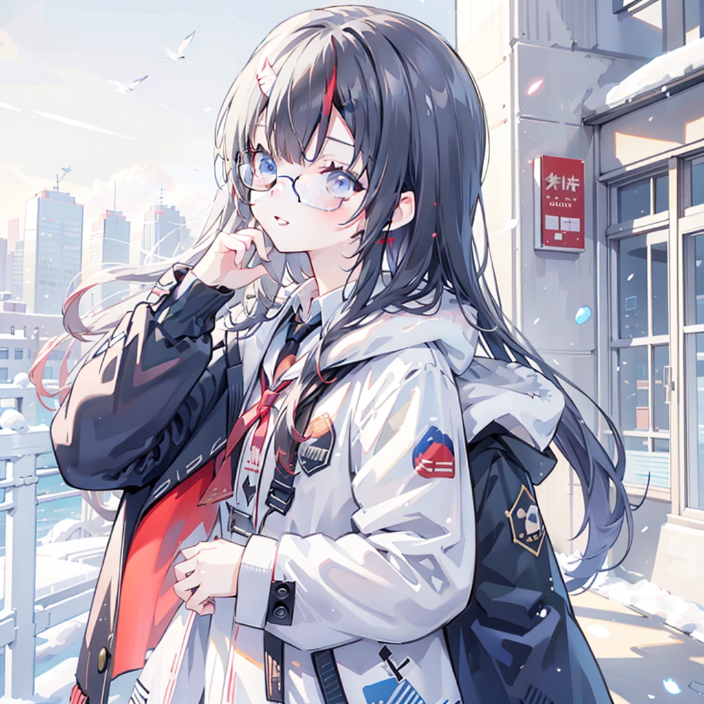 same,, 1 Girl, animal, animal on shoulder, bird, Black-rimmed glasses, black eyes, Black Hair, blue sky空, city View, clear sky空, coat, sky, earrings, Glasses stand, Took off the glasses, fur coat, jacket, Jewelry, Long hair, looking off to the side, outdoor, Power lines, Red lips, sky空, Smile, snow, Solitary, sunglasses, white bird, white coat, 冬sky, 冬sky clothes, , ((masterpiece))
