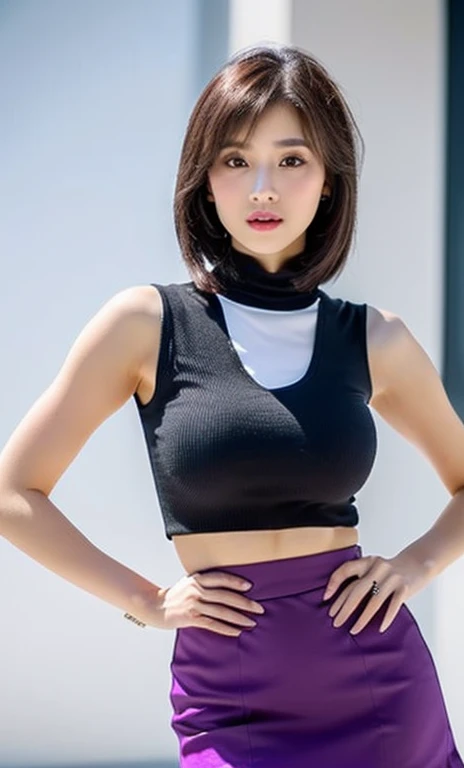 ( (((A beautiful woman))), ((trendy fashion)),(((detailed face))),(), perfect body anatomy, hands on hips, huge breasts,pretty,sleeveless turtle neck, mini-skirt,white silky clothes, purple mini-skirt, 4k , super high resolution ,(photo-realistic: 1.7),white background,black short hair, ((SFW)), cowboy_shot, bokeh, SFW)