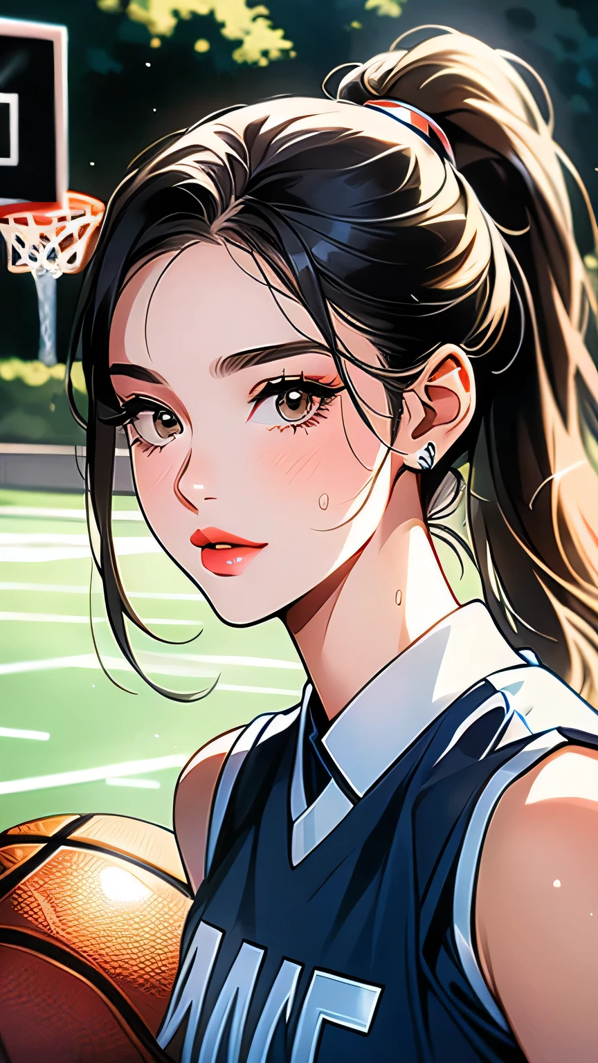 1girl, (((A very beautiful 25 year old))), cute、Looking at this、 ((Beautiful low ponytail)), Detailed face、Detailed body、とってもcute顔, Glossy Lips, Double eyelids on both eyes,Natural smile、 Natural Makeup, Long eyelashes, Shiny and smooth hair、Perfect limbs, Perfect Anatomy,(((Basketball Sleeveless Uniform)))、,(Wet with sweat), masterpiece, 最high quality, high quality, High resolution, Portrait、sexy、On the outdoor basketball court