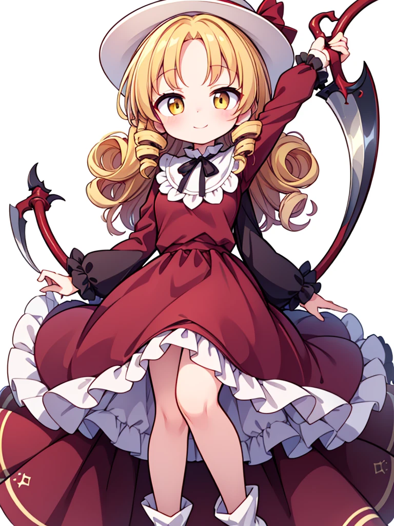 a drawing of an anime character in a red dress and boots with a large scythe, ((high end)), (UHD picture), (best quality,4k,8k,highres,masterpiece:1.2), top-quality(​masterpiece), top-quality, ultra-detailed, highly detailed texture, intricate details, high quality textures, masterpiece, best quality, perfect quality, perfect anatomy, perfect body, perfect symmetrical face, perfect hands, perfect feet, (two arms:1.2), (two legs:1.2), (five fingers each:1.2), (perfect joint:1.2), perfect joint movement, precise fingers and hands, 1 beautiful girl, 1 girl, alone, solo, , 10 years old, (((****))), ((childish)), hat, white hat, blonde hair, long hair, parted bangs, drill hair, well-formed face, yellow eyes, maxi dress, red dress, dress, long sleeves, frills, long skirt, simple background, scythe, holding scythe, holding, white socks, smile, cute face, beautiful, holding scythe