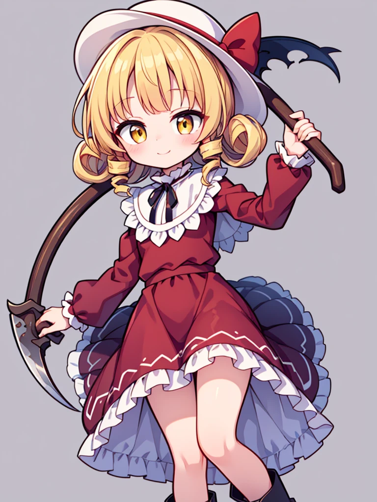 a drawing of an anime character in a red dress and boots with a large scythe, ((high end)), (UHD picture), (best quality,4k,8k,highres,masterpiece:1.2), top-quality(​masterpiece), top-quality, ultra-detailed, highly detailed texture, intricate details, high quality textures, masterpiece, best quality, perfect quality, perfect anatomy, perfect body, perfect symmetrical face, perfect hands, perfect feet, (two arms:1.2), (two legs:1.2), (five fingers each:1.2), (perfect joint:1.2), perfect joint movement, precise fingers and hands, 1 beautiful girl, 1 girl, alone, solo, , 10 years old, (((****))), ((childish)), hat, white hat, blonde hair, long hair, parted bangs, drill hair, well-formed face, yellow eyes, maxi dress, red dress, dress, long sleeves, frills, long skirt, simple background, scythe, holding scythe, holding, white socks, smile, cute face, beautiful, holding scythe