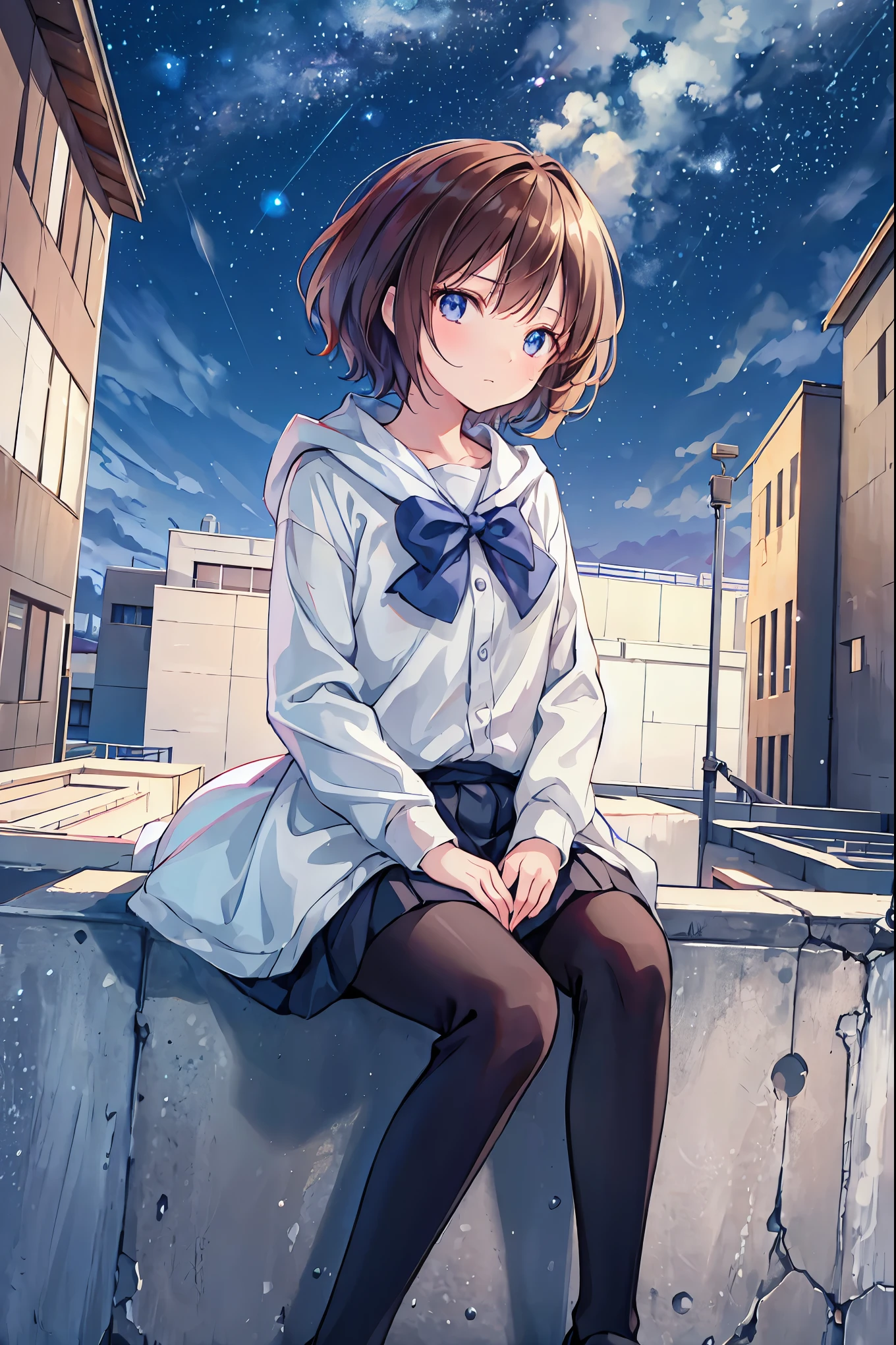 Highest quality, masterpiece, Very detailed, Detailed Background, anime, One person, young, short, sf, sf, Outdoor, night, Starry Sky, greenhouse, huge structure, Biodome, Wind景, scenery, horizon, rooftop, sitting on rooftop, Wind, avert your eyes, Atmospheric lighting, Focus Only, close, From the side, Depth of written boundary, Bokeh,Brown Hair，Shortcuts，Slender beauty