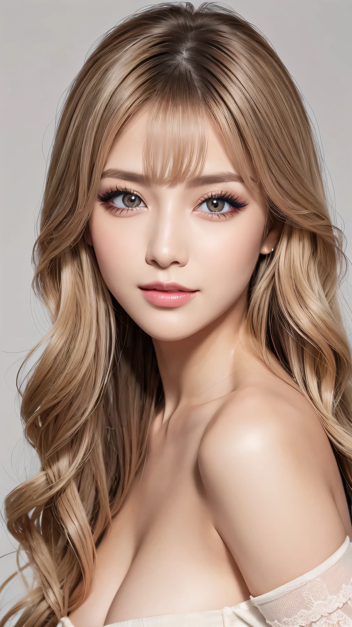 (Highest quality、4K、8k、High resolution、masterpiece:1.2)、Very detailed、(Genuine、Realistic、Realistic:1.3)、blonde、Blonde Wavy Hair:1.5、sleek bangs、((Completely naked))、Slim figure:1.5,Narrow waist:1.3,B cup soft breasts:1.8,Gray background:1.5，Big eyes:1.8,long and voluminous lashes:1.8,Large pupils:1.5,Tear bags,Clear double eyelids,Gray Eyes:1.8,Dark eyeshadow:1.5,Thin nose with straight nose:1.3,Full body angle:1.8,Japan cute,To seek solace in the sight.、Colored contact lenses、Perfect Makeup、Natural Lip、Highly saturated eyeshadow、smile:1.5,