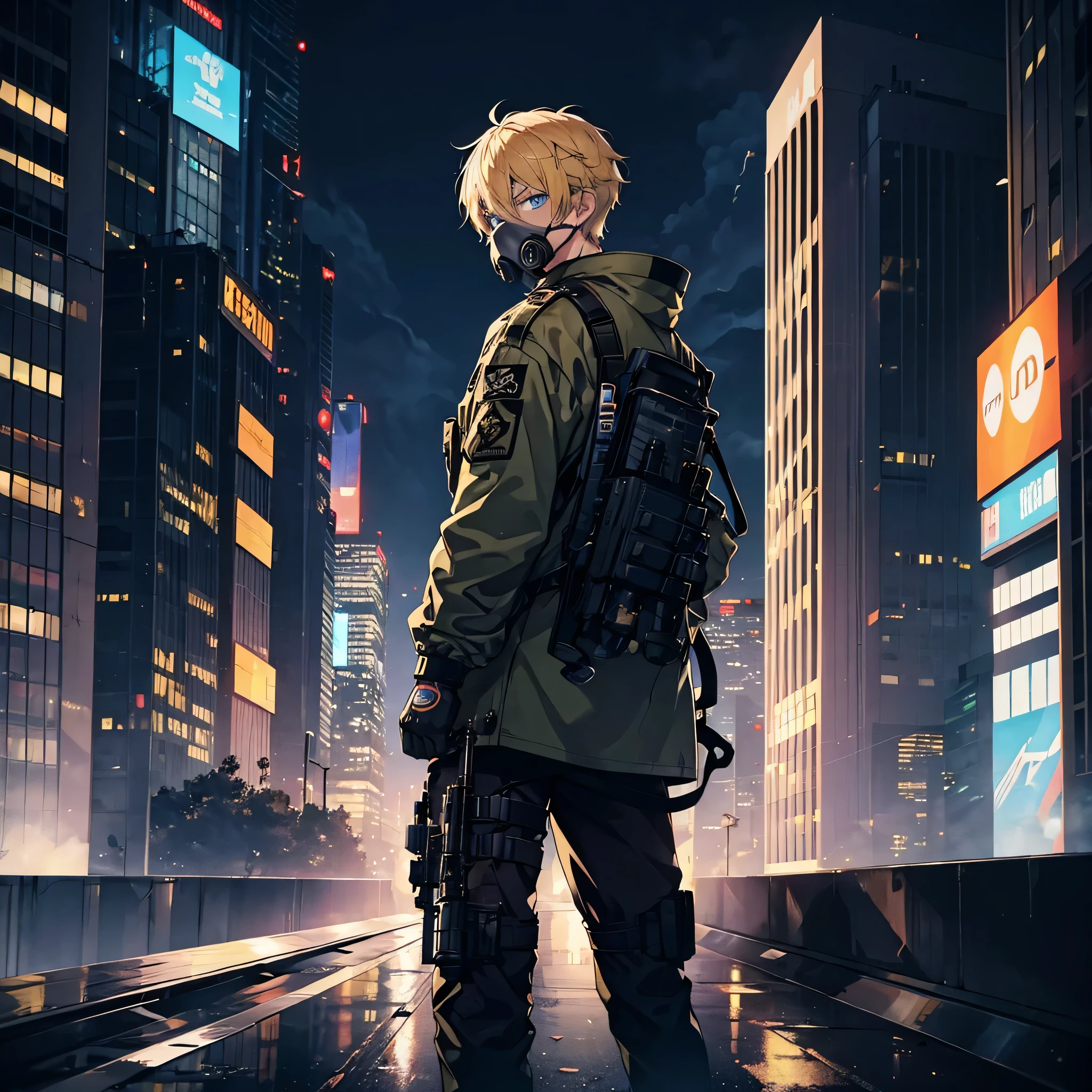 1 male,Adult,blue eyes,gas mask,Golden hair color,Wearing a camouflage cyberpunk outfit,night,Future City,Standing on the rooftop, gazing at the scenery,Looking back,He has a gun in his hand,Calm expression,Muscular,tattoo