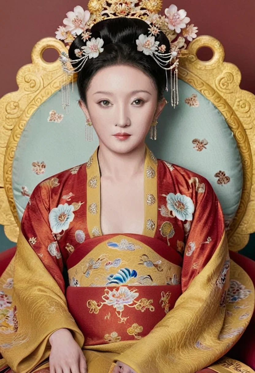 From the pre-Qing period, The Empress sits naked on a large golden sofa in the palace, Her legs were spread, At the Chinese court during the Qing Dynasty, Empress of the Qing Dynasty, Wearing the great crown of the Chinese Empress, Belly and thighs visible from below.。She is completely naked, Showing off gorgeous large flowers and hairpins, She tied her hair up and pulled it up, 背景はEmpress of the Qing Dynastyの豪華な宮殿.