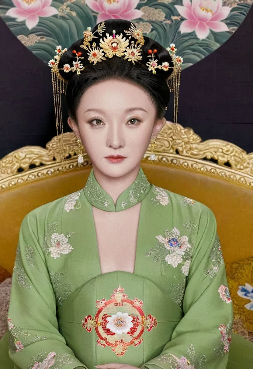From the pre-Qing period, The Empress sits naked on a large golden sofa in the palace,  Her legs were spread, At the Chinese court during the Qing Dynasty, Empress of the Qing Dynasty, Wearing the great crown of the Chinese Empress, Belly and thighs visible from below.。She is completely naked, Showing off gorgeous large flowers and hairpins, She tied her hair up and pulled it up, 背景はEmpress of the Qing Dynastyの豪華な宮殿.