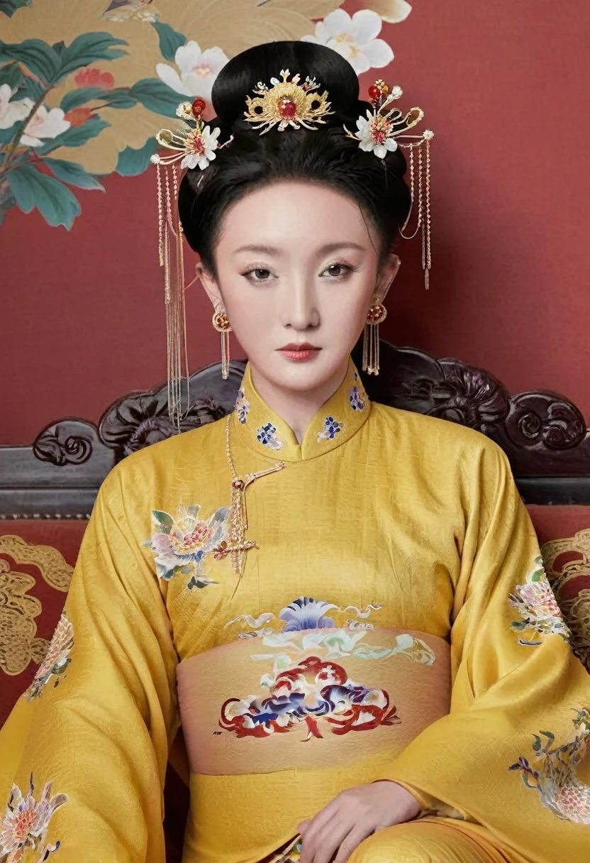 From the pre-Qing period, The Empress sits naked on a large golden sofa in the palace,  Her legs were spread, At the Chinese court during the Qing Dynasty, Empress of the Qing Dynasty, Wearing the great crown of the Chinese Empress, Belly and thighs visible from below.。She is completely naked, Showing off gorgeous large flowers and hairpins, She tied her hair up and pulled it up, 背景はEmpress of the Qing Dynastyの豪華な宮殿.