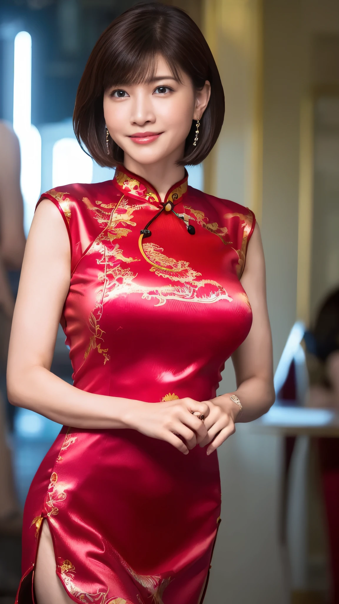 (8k,Ultra-high resolution,Highest quality,masterpiece,Realistic,Ultra-high resolution,High-quality RAW color photos,Professional photos,Realistic,Realistic),Natural skin texture,Fine skin,Hyperrealism,Intricate details,Adult women,Eye highlights.Lip gloss,Glossy Lips,(Cute smile,Short Hair,Dark blonde hair,bangs),(gigantic breast,Big Breasts),necklace,((A very tight red dragon patterned cheongsam,A shiny, bright red cheongsam,Quite a large slit)),(Streets of skyscrapers,on side),Bright lighting