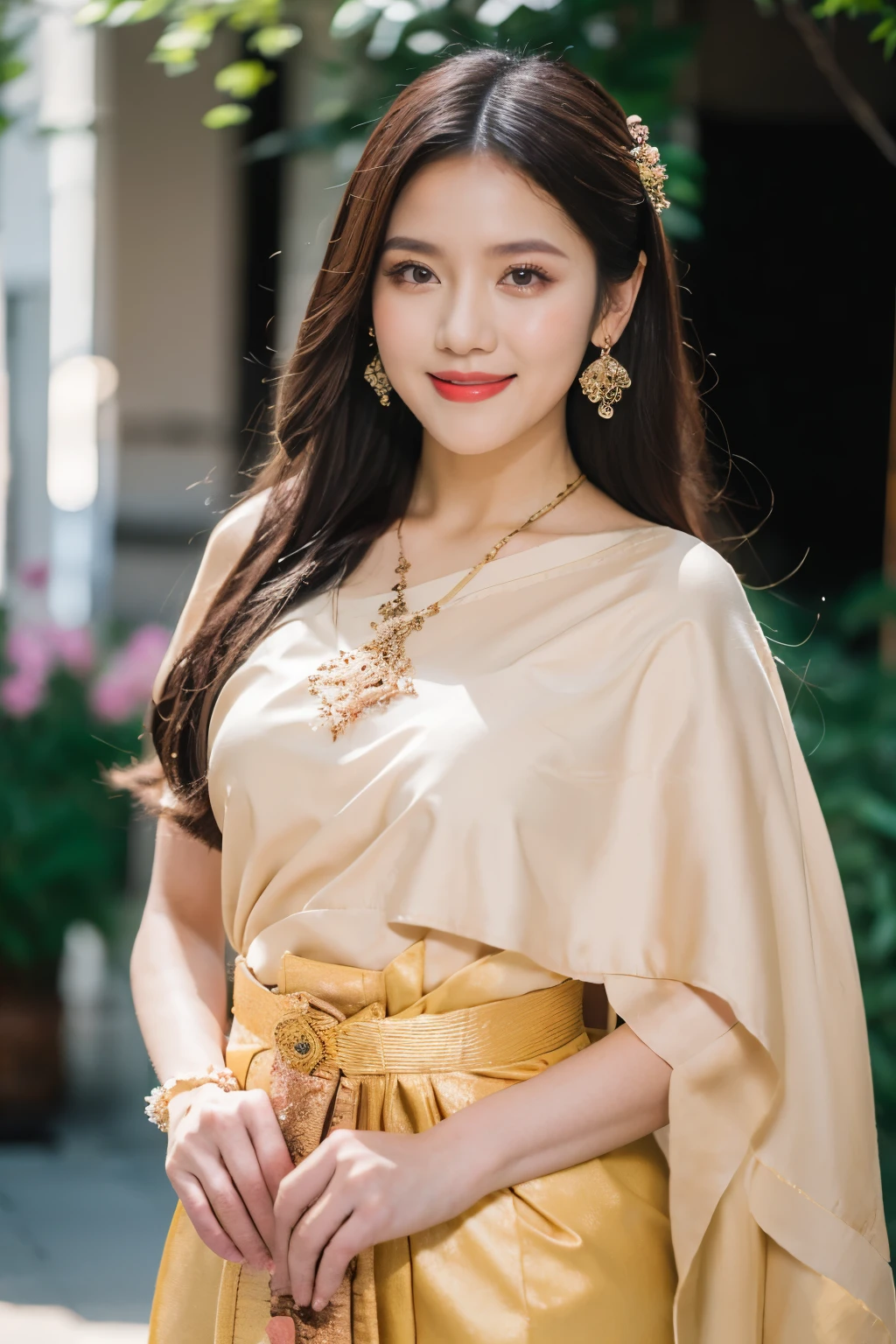 Detailed faces, Clear face, Beautiful Girl, Asian makeup, Red lips, Smile, Brown hair, Crown, half body, big breasts, Thai fairy costume, Thai vintage style, Antique, mid-sexy dress, Red costume, HD, Random Pose, Evening light, flower garden background.