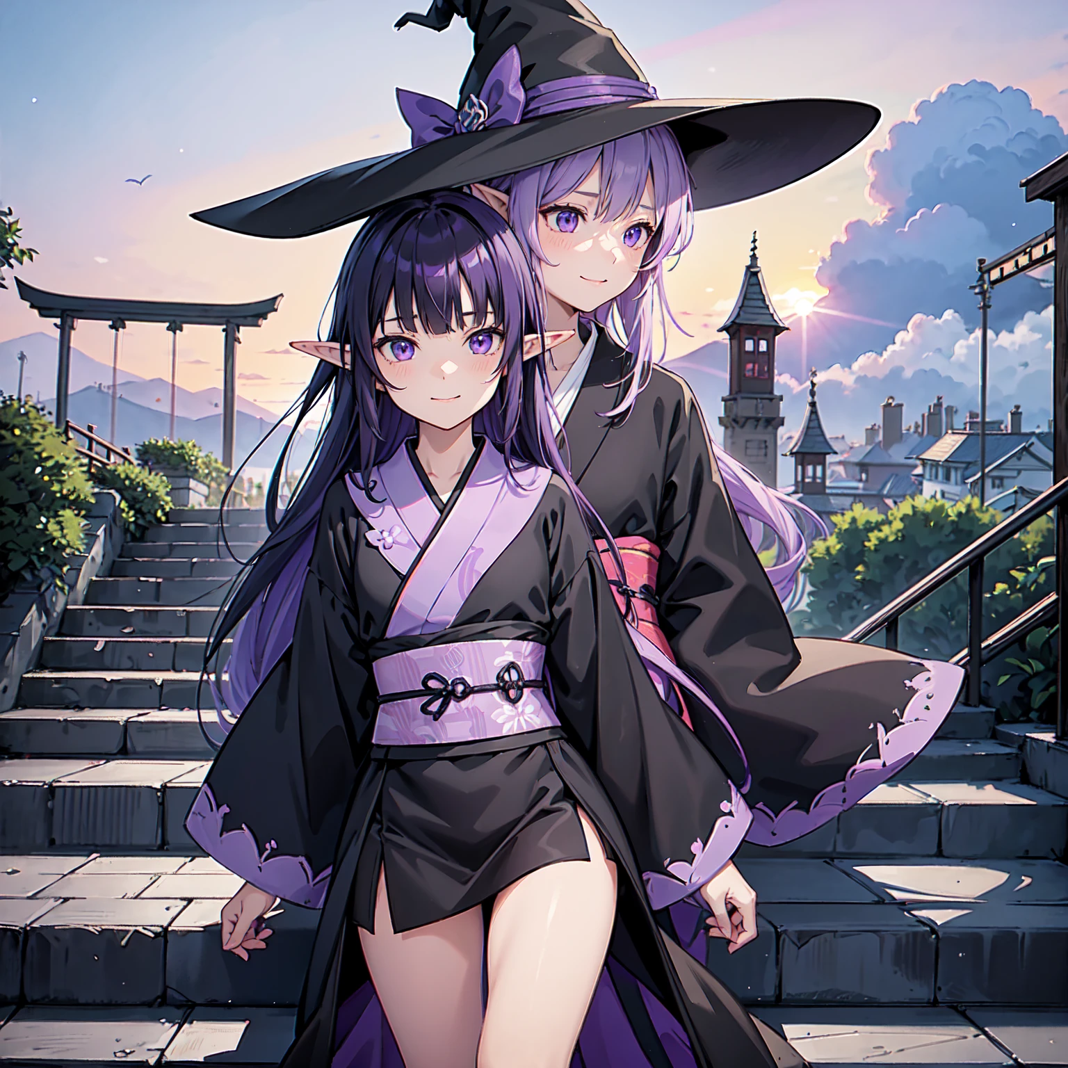 A close-up of a girl. Violet hair. A girl with long purple hair. A kind, full smile. Pointy elf ears. Her clothes are simple: a black robe with wide sleeves and a black miniskirt. Her knees are showing. There is a V-shaped white insert in the front, like a kimono. A witch's hat with purple ribbons on each side. Black boots. Background: bright painting, Makoto Shinkai, only endless stairs, long floating stairs, floating stairs in the air, stairs above clouds, illustration, nostalgic, vivid, above clouds, bright, fresh, sunset. A maze of connected stairs. A maze of stairs. No land.