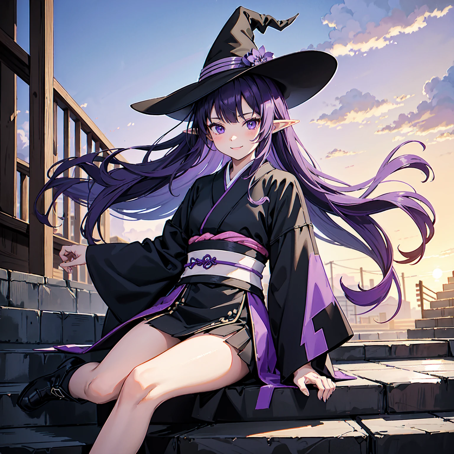 A close-up of a girl. Violet hair. A girl with long purple hair. A kind, full smile. Pointy elf ears. Her clothes are simple: a black robe with wide sleeves and a black miniskirt. Her knees are showing. There is a V-shaped white insert in the front, like a kimono. A witch's hat with purple ribbons on each side. Black boots. Background: bright painting, Makoto Shinkai, only endless stairs, long floating stairs, floating stairs in the air, stairs above clouds, illustration, nostalgic, vivid, above clouds, bright, fresh, sunset. A maze of connected stairs. A maze of stairs. No land.