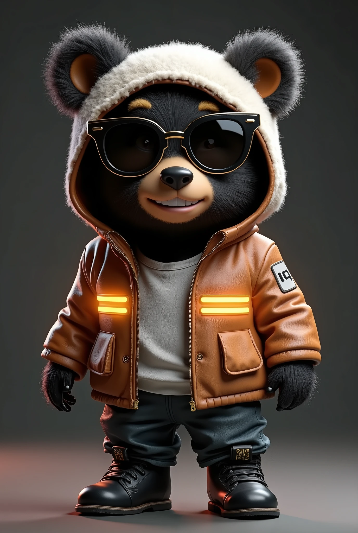 3D Render in C4d and Blender of a cute cartoon-style black bear wearing a light brown leather jacket and white technical clothes underneath, big eyes, sunglasses, With a tiny nose, and a full-body shot against a dimly lit background. the bear has black leather boots somewhat dull with some parts looking peeling from old age. and a chibi character design with studio lighting. the bear grins mischievously, with glowing stripes on his jacket, high resolution, high detail, and top-notch quality