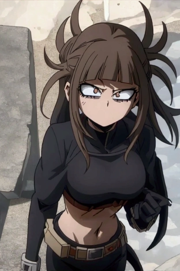 Brown haired women with bangs. Long hair and brown eyes. She is a pro hero and wears a black hero suit without a cape and a cut out on her stomach. Her Power is fire. Artstyle like the Anime my hero academia.