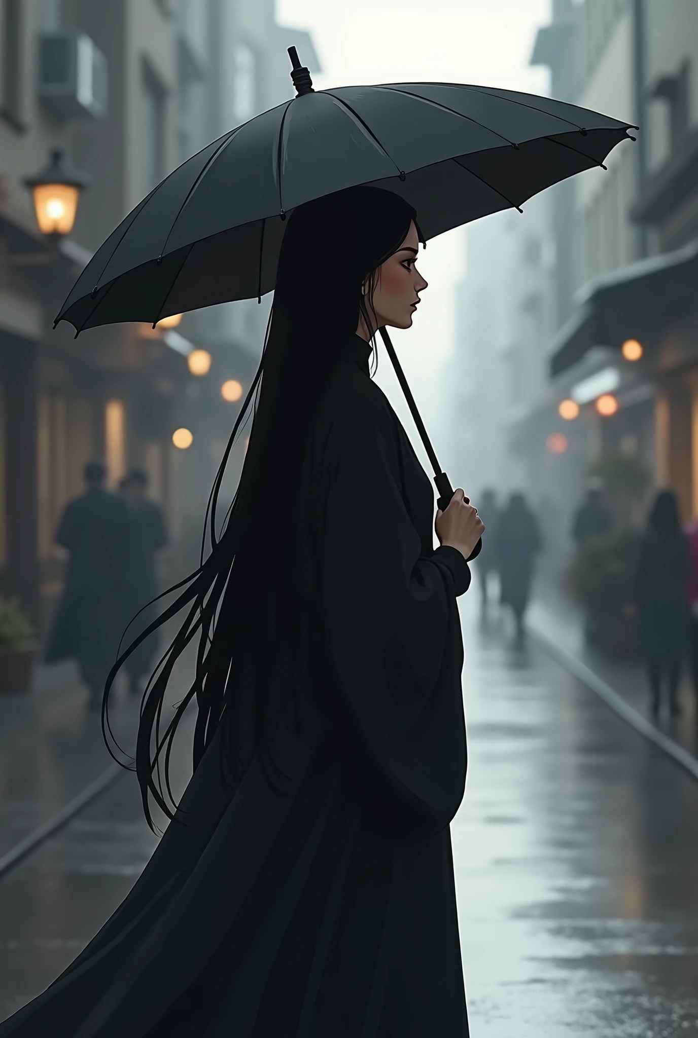 Long black hair. Full body. Full view from head to shoes. Head to shoes. Holding a long big umbrella. Hide face. Side view. Side face. Side shoulder. Sad face. 25 years old. Beautiful.Cute. Elegant. Modest. Wear dark abaya. Generate anime style image. High Resolution. High Details. High Quality Image.