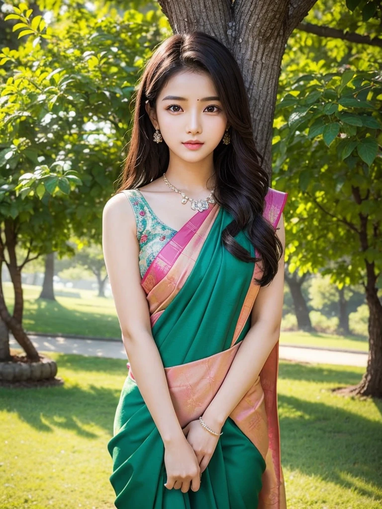 Pretty face, saree korean girl, 18 year old, background tree,
