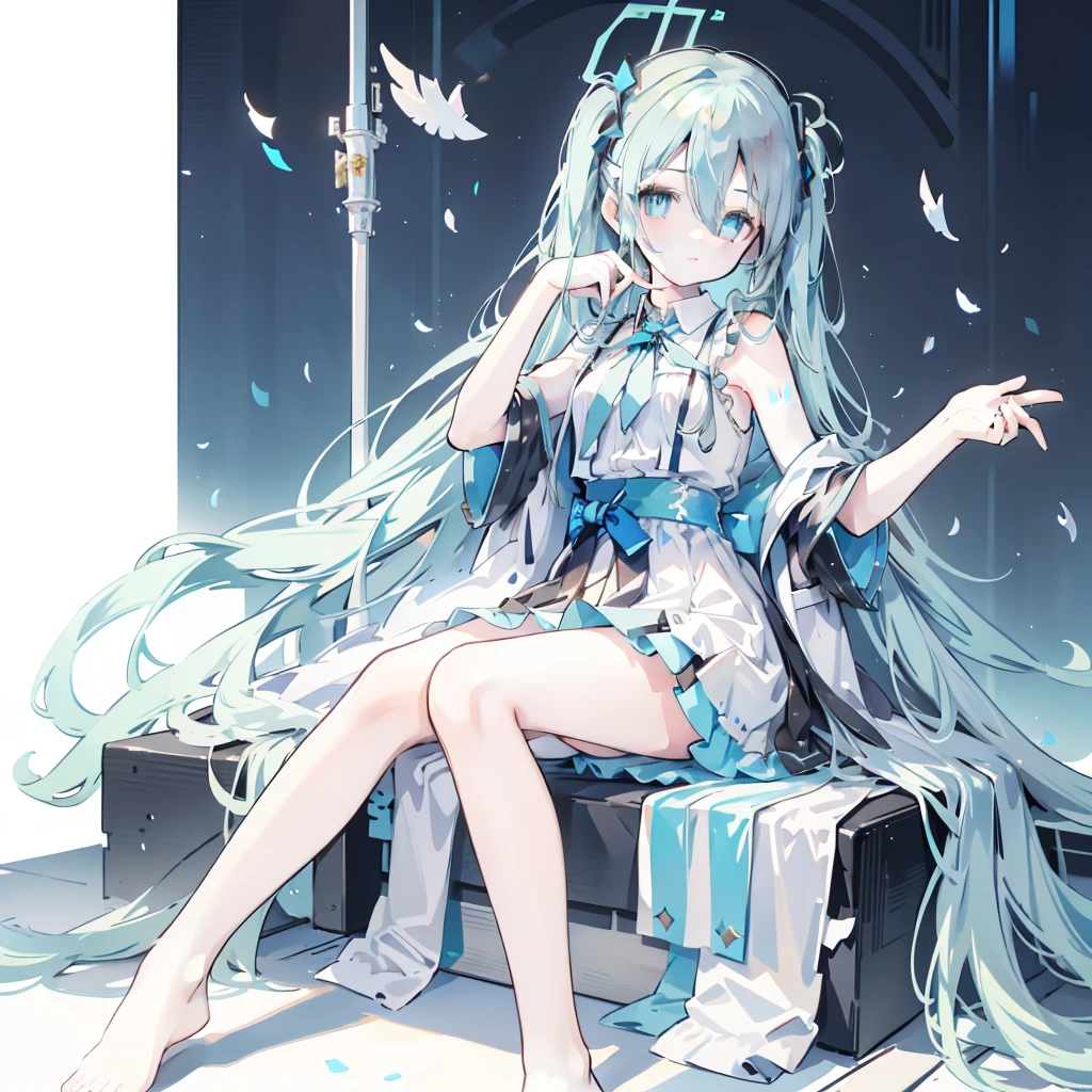 1 Girl, Hatsune Miku, Princess dress, crown, Kaneko, ((throne)), In the castle, middle Ages, wearing a blue vest, one foot on the ground, the other leg calf outward, Hold the microphone in one hand, the other hand across the eyes, White background