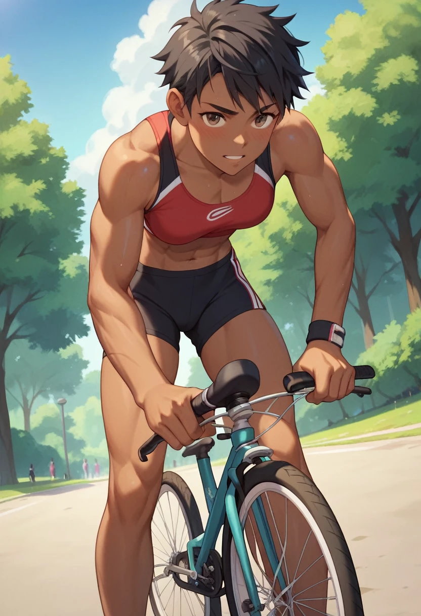 A girl riding a bicycle in the park, sportswear, black hair, straight hair, Brown eyes, brown skin, athletic body, throw, anime screenshot, masterpiece, The best quality, vivid colors, high quality, high resolution 