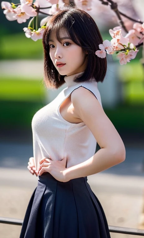 ( (((A beautiful woman))), ((a night cherry blossom)),(((detailed face))),(beautiful upper back), perfect body anatomy, hands on hips, huge breasts,pretty,sleeveless turtle neck, silky clothes, mini-skirt, 4k , super high resolution ,(photo-realistic: 1.7),dark background,black short hair, ((SFW)), cowboy_shot, bokeh, SFW)