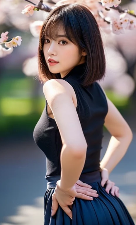 ((Best Quality:1.2, 8k, photo realistic:1.2, Masterpiece:1.2, super fine :1.2, a beautiful women, back light, Highly Detailed face Textures, detailed beauty makeup, realistic skin, detailed double eyelids, black eyes, detailed bangs)), ({{{ribbed sweater}}},bare arms, bare back,:1.2), (park background), (smiling), (detailed Brilliant shiny black on light hime cut hair), ((cowboy shot)), ((low angle shot))