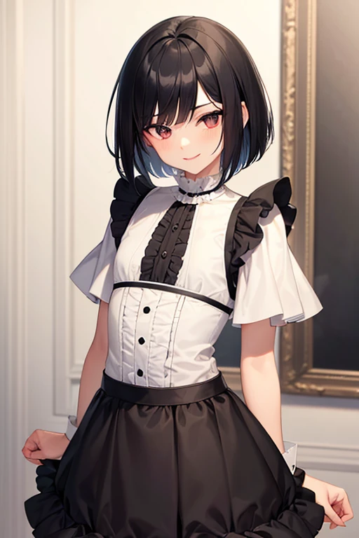 Highest quality, masterpiece,Androgynous male,Black Hair,Shorts Bob Cut,Frilled dress,Short sleeve,ruffled sleeves,skirt,smile,Slim body,Flat Chest,
