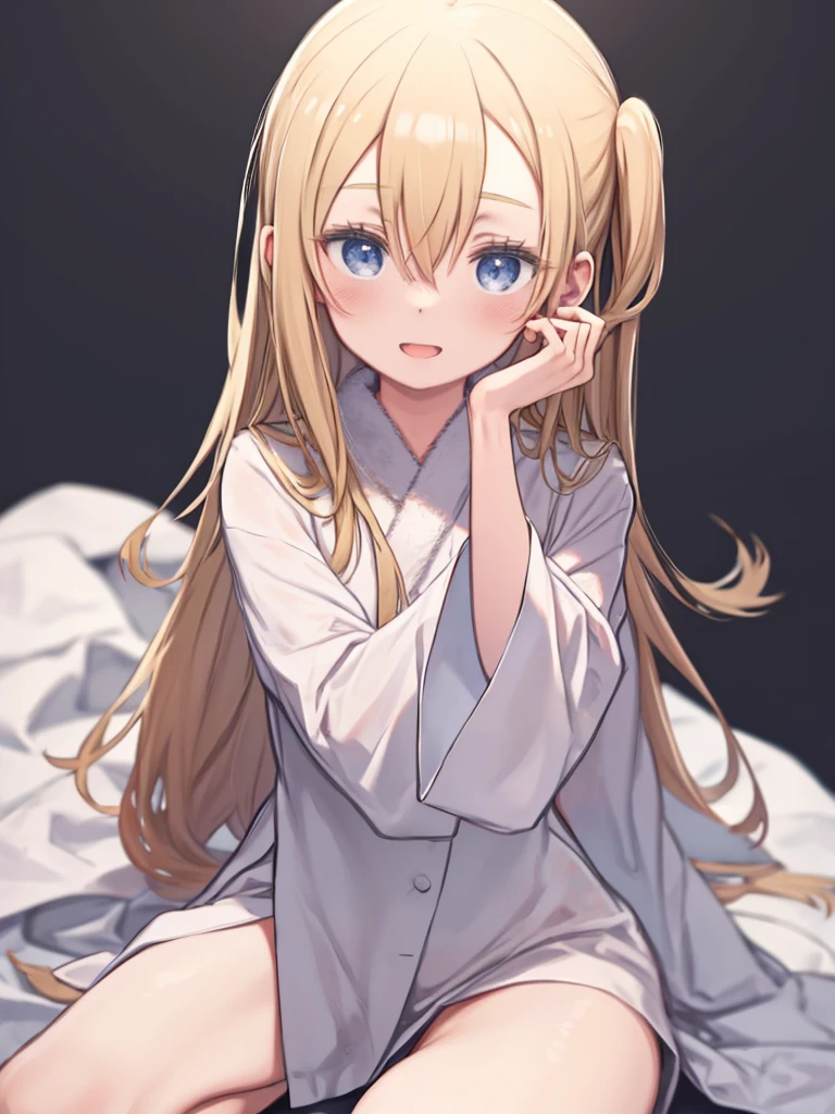 One Woman、bathrobe、Blonde Hair、Hair between the eyes、long hair、Blue Eyes、Standing in a bathrobe、Touching the ears、smile、Open your mouth a little、blush、Upper Body、From the knee up、Angle from the front、Front view、Simple Background、Dark room、