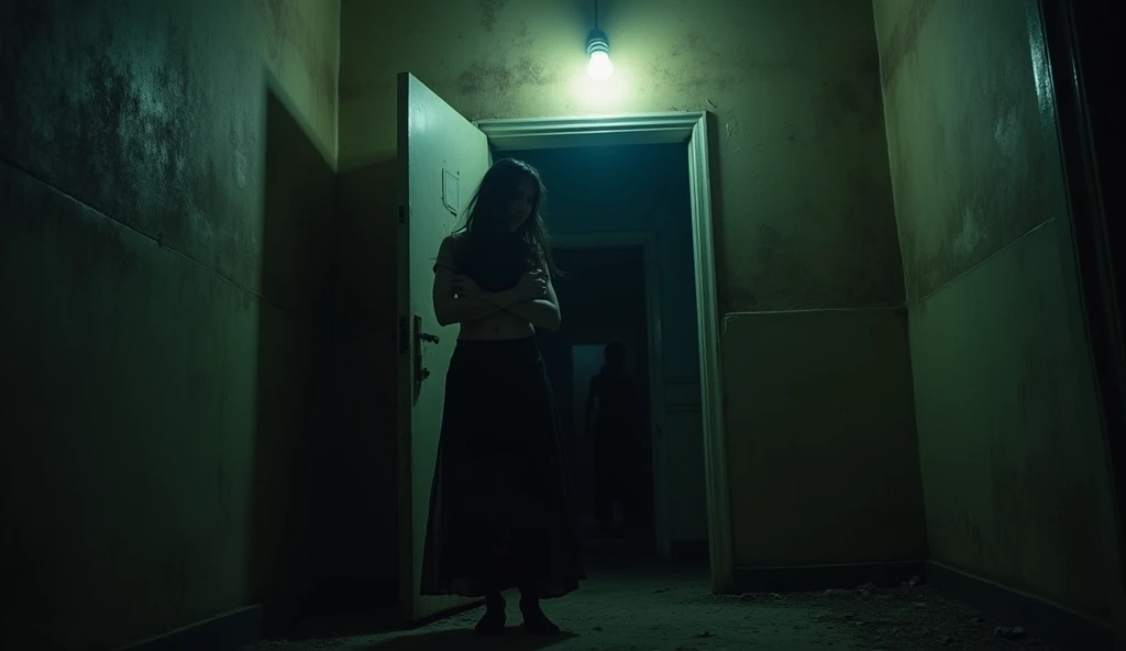 Character: Sunaina, mid-30s, standing at the threshold of a dark, abandoned flat. Her face is pale, and she’s clutching her chest in fear. In the shadows, the faint outline of a small child’s silhouette is visible.
Background: The flat is dark and dusty, with broken furniture and cobwebs hanging from the corners. The door is slightly ajar, and outside, the hallway is barely illuminated by a flickering lightbulb, creating an eerie contrast between the shadowy interior and the dim light outside