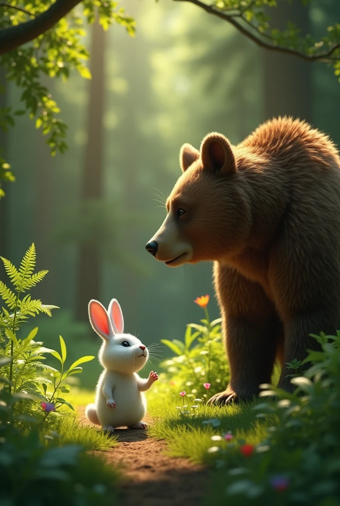 In 3d animation style,"A tense moment where the rabbit suddenly comes face-to-face with a large, brown bear in the forest. The bear looks surprised, and the rabbit is frozen in fear"