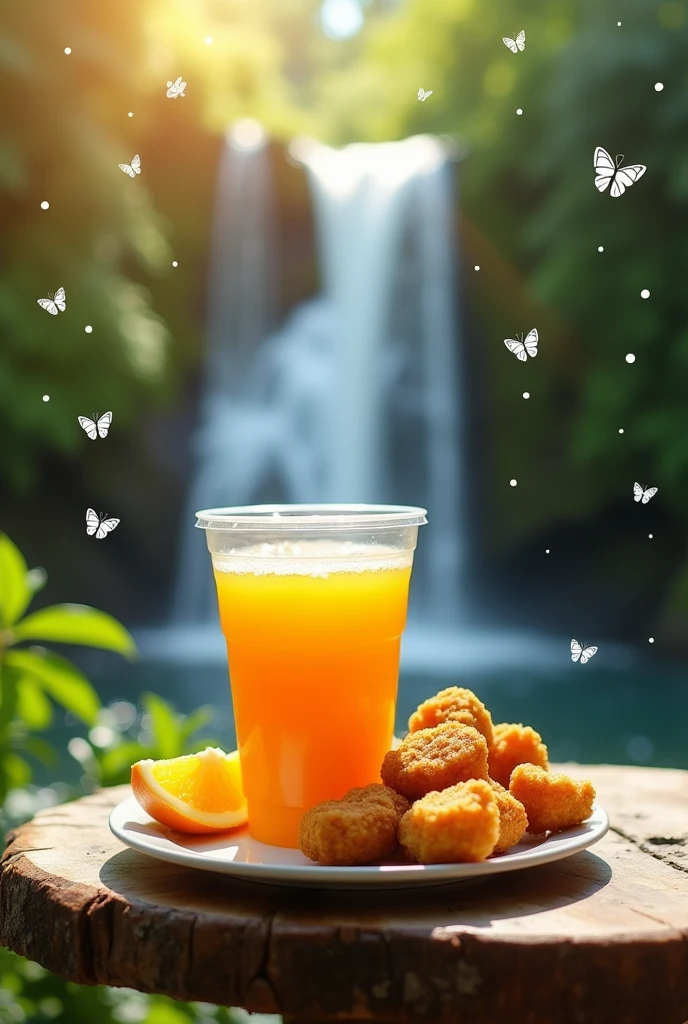 A transparent plastic cup of fresh orange juice, with green straw, with a plate of chicken nugget, on the table near a waterfall, doodle art photo