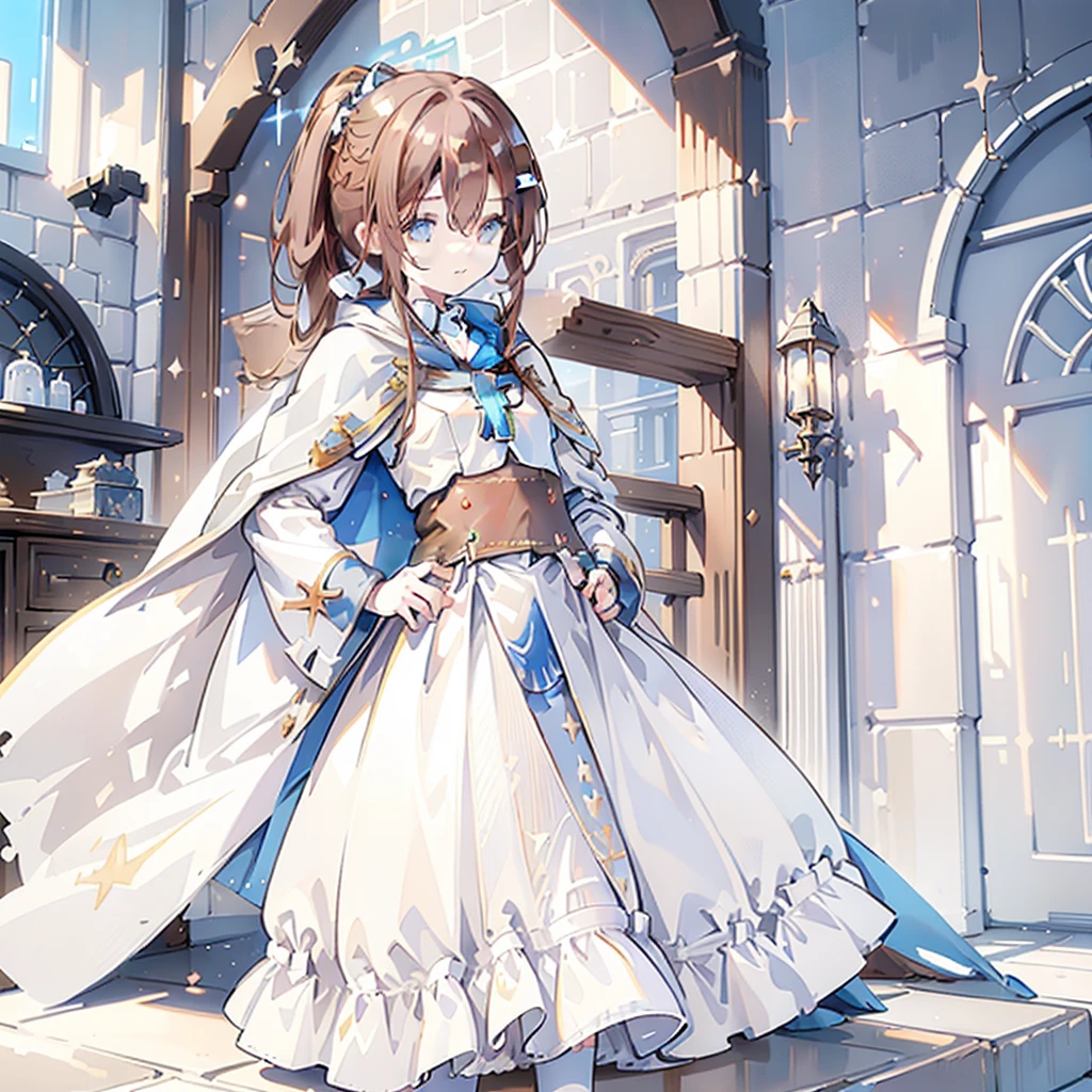 Asuna, Asuna_(Star), (1 Girl,Solitary) ,fantasy, high resolution, No.19,  The original, (Wear at waist:1.3), Smile, (White Knight Wizard Cape:1.5), short hair, Medium breasts, Looking at the audience, Bangs ,Delicate hazel eyes, Beautiful background, ((morning sun,Western-style private room)), Put your hands on your chest,(Brown hair,Short Ponytail:1.5), (Platinum Knight Wizard Fully Armored:1.55),short hair, permanent,straight on, Abeke,(whole body:1.1), White stockings,(Abeke:1.4),