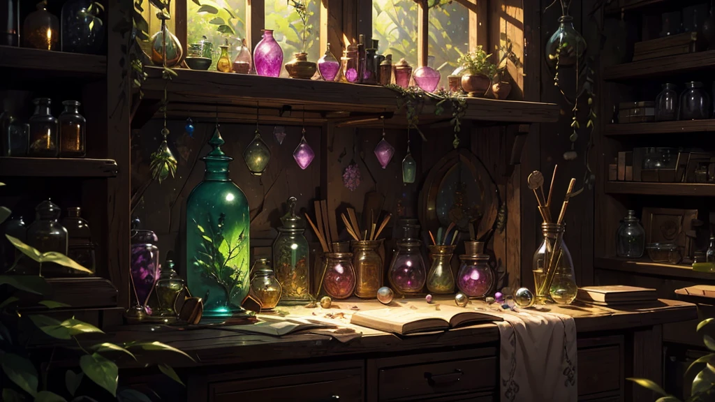 (masterpiece)),((Highest quality)),((High Detail)),nobody,background, fantasy, Large jar, Green liquid, crystal, Big broom, A bottle containing jewels, Bookshelf, Pink light, Herbs, Outside the window is a forest, Lots of potions, Vision, Glass beads, vase