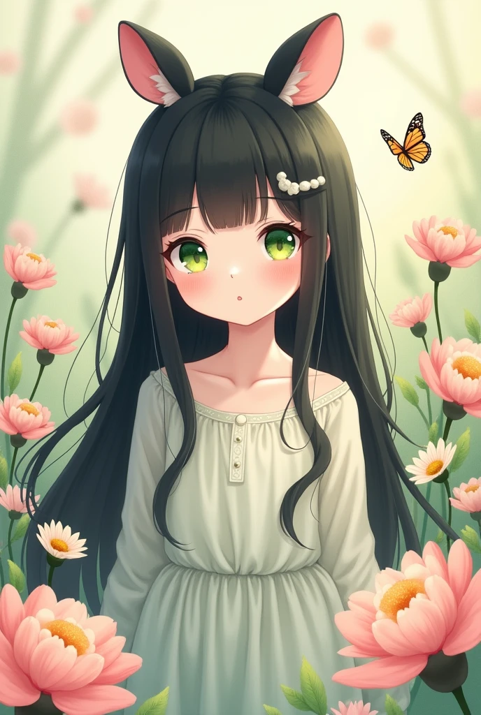 girl, long black hair, Hime cut, Hamster ears, Green Eyes, White skin, Dodoy, demure