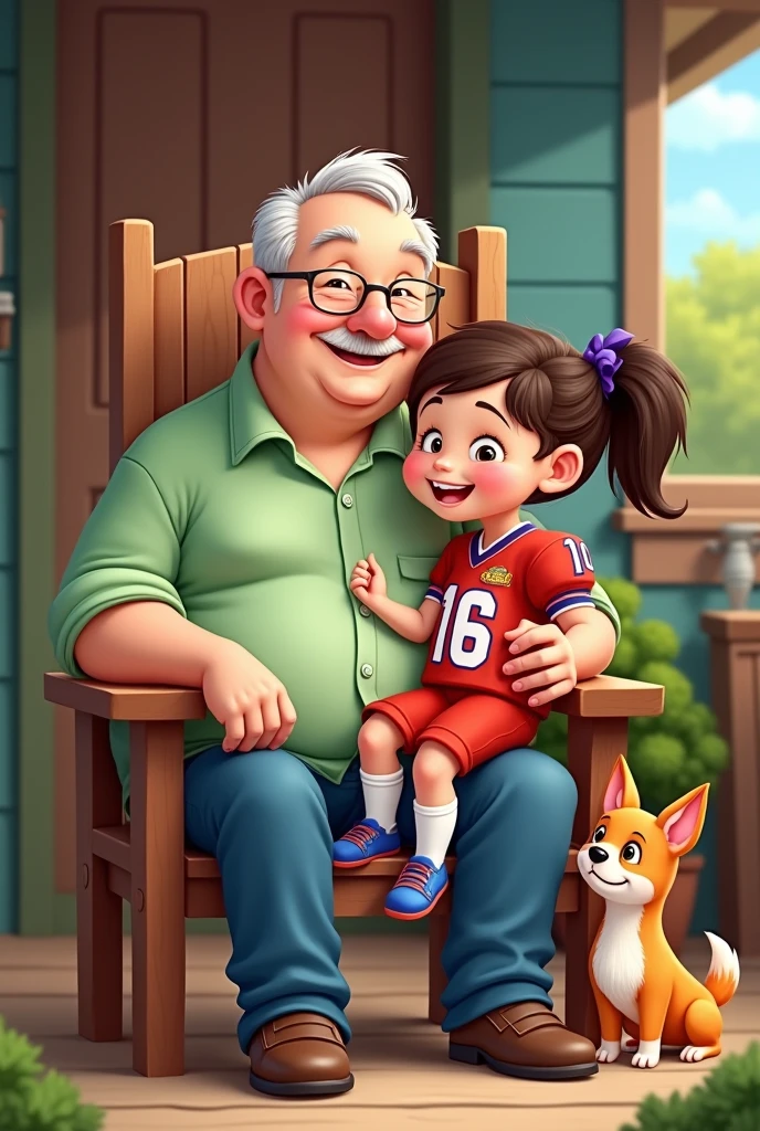 Image as a cartoon Grandpa: hoary, chubby, very tender, with a very light pastel green shirt and blue jeans sitting on a wooden chair Girl: women:dark, with dark brown hair tied in a ponytail, and a beautiful smile, She is wearing a red shirt uniform with white letters and red shorts and blue football details with the number 16, with high socks and sports shoes Background: very nice and colorful old house and the grandfather holding the  in his arms 